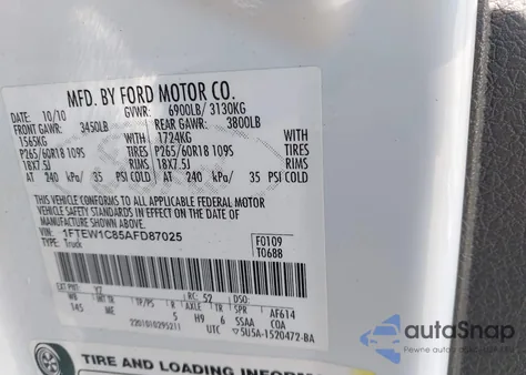 2010 Ford F-150 Fx2 Sport/Xl/Xlt из США, поврежденный, VIN 1FTEW1C85AFD87025